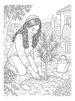 A smiling young person plants an olive sapling outdoors in this tu bishvat coloring page.