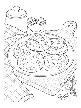 A plate of chocolate chip cookies rests on a board in this cookie coloring page.