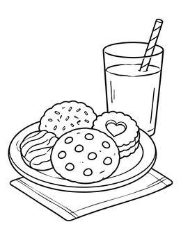 A plate of assorted sweet treats in a cookie coloring page beside milk.