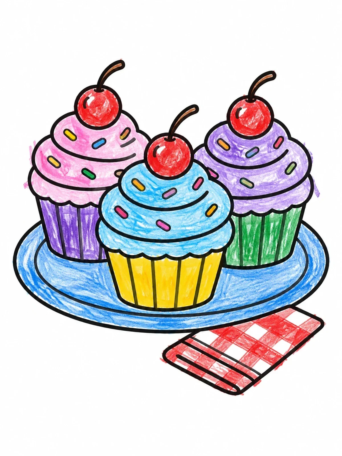 Colored example of the Plate Of Frosted Picnic Cupcakes coloring page