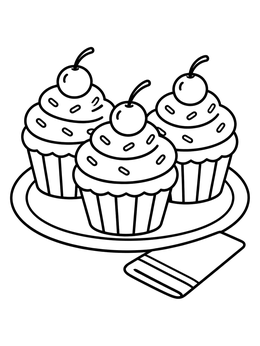 Three sweet cupcakes on a plate in this fun picnic coloring page.