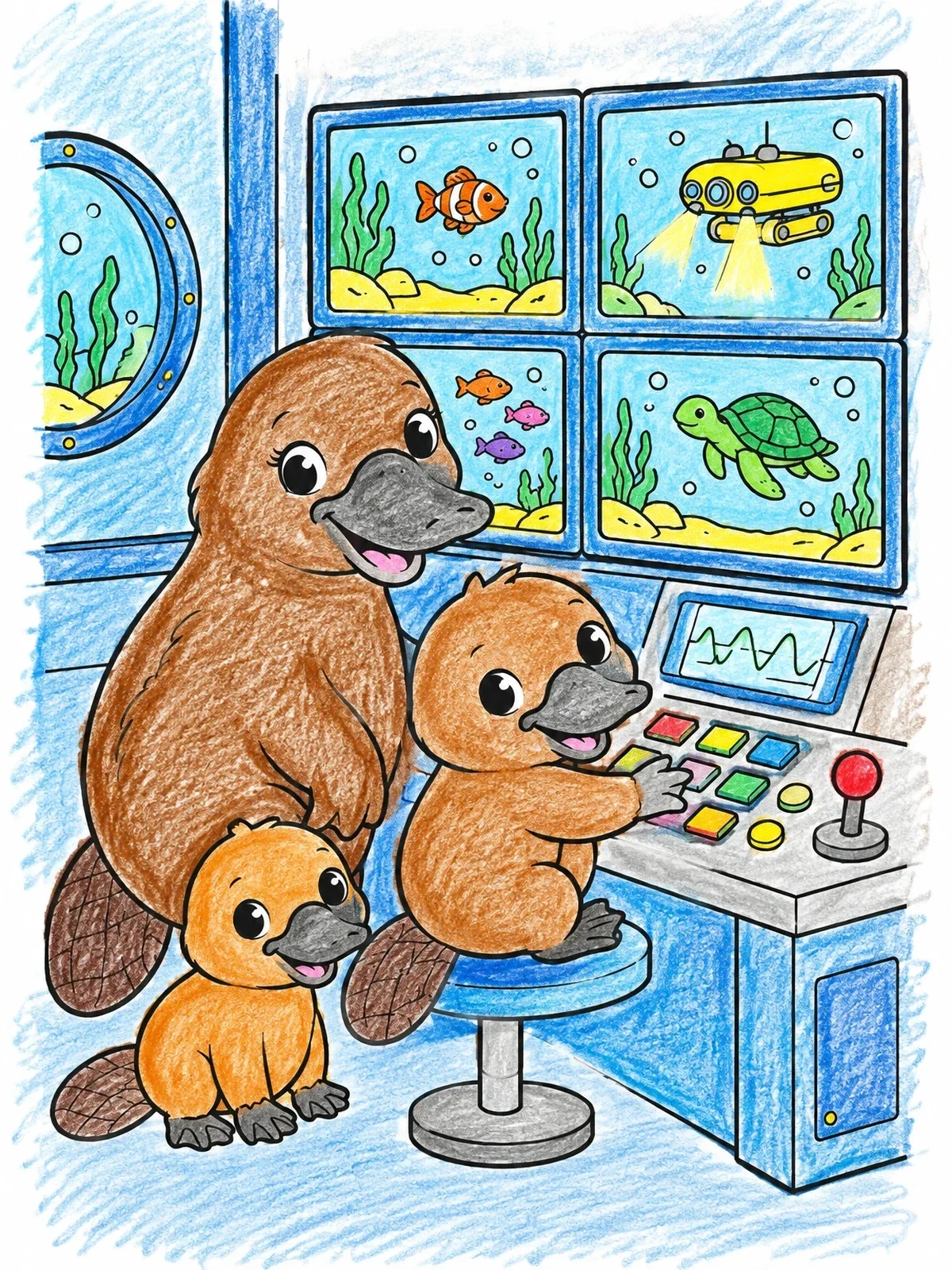 Colored example of the Platypus Family At Underwater Station coloring page