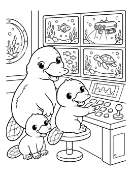 A cute platypus coloring page showing a family exploring ocean screens in a submarine control room.