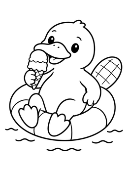 A cute platypus coloring page showing the animal floating in an inner tube and holding an ice cream cone.