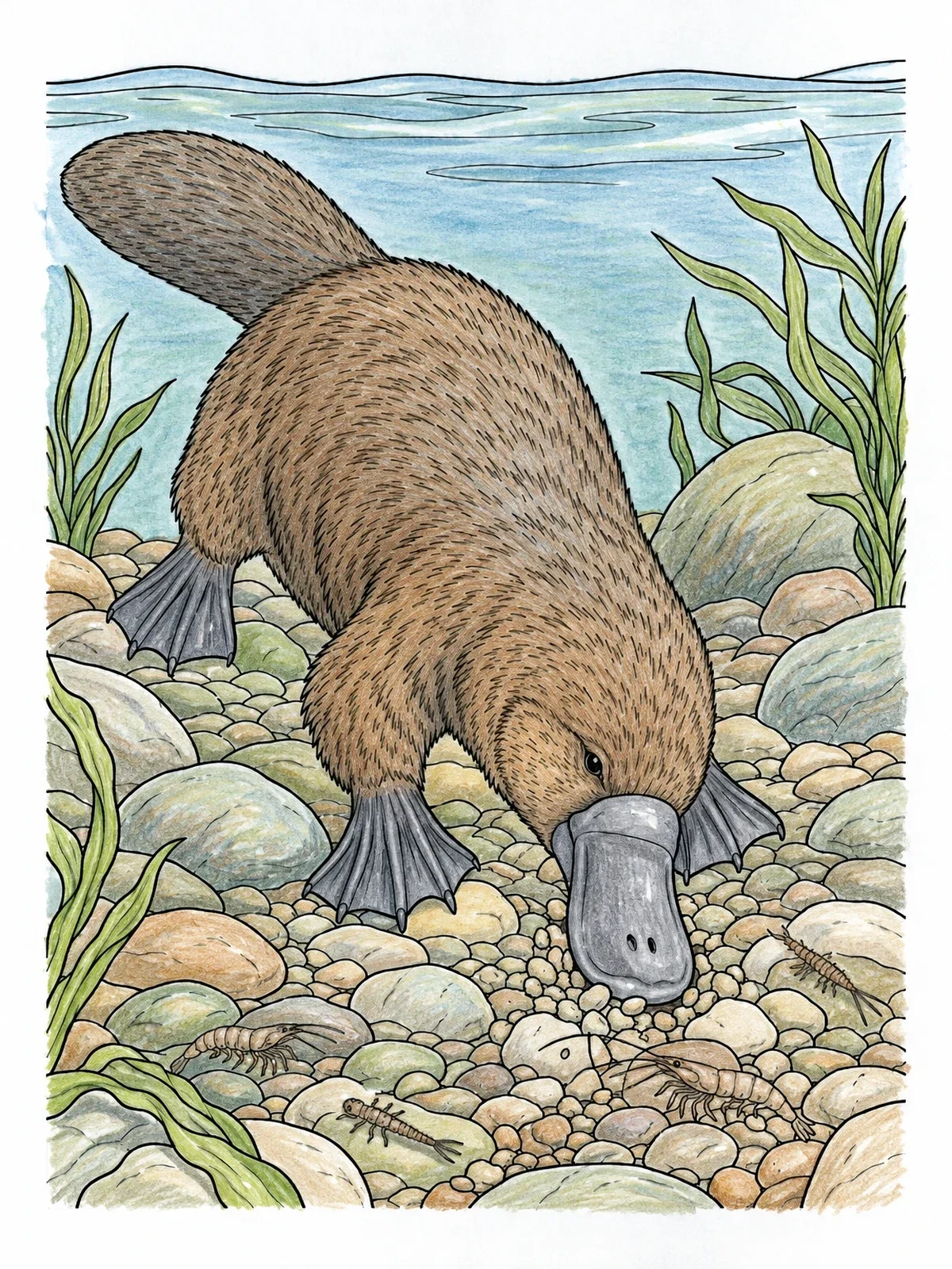 Colored example of the Platypus Foraging On Riverbed coloring page