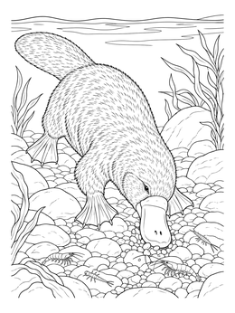 Detailed platypus coloring page showing the animal foraging along a rocky riverbed with shrimp.