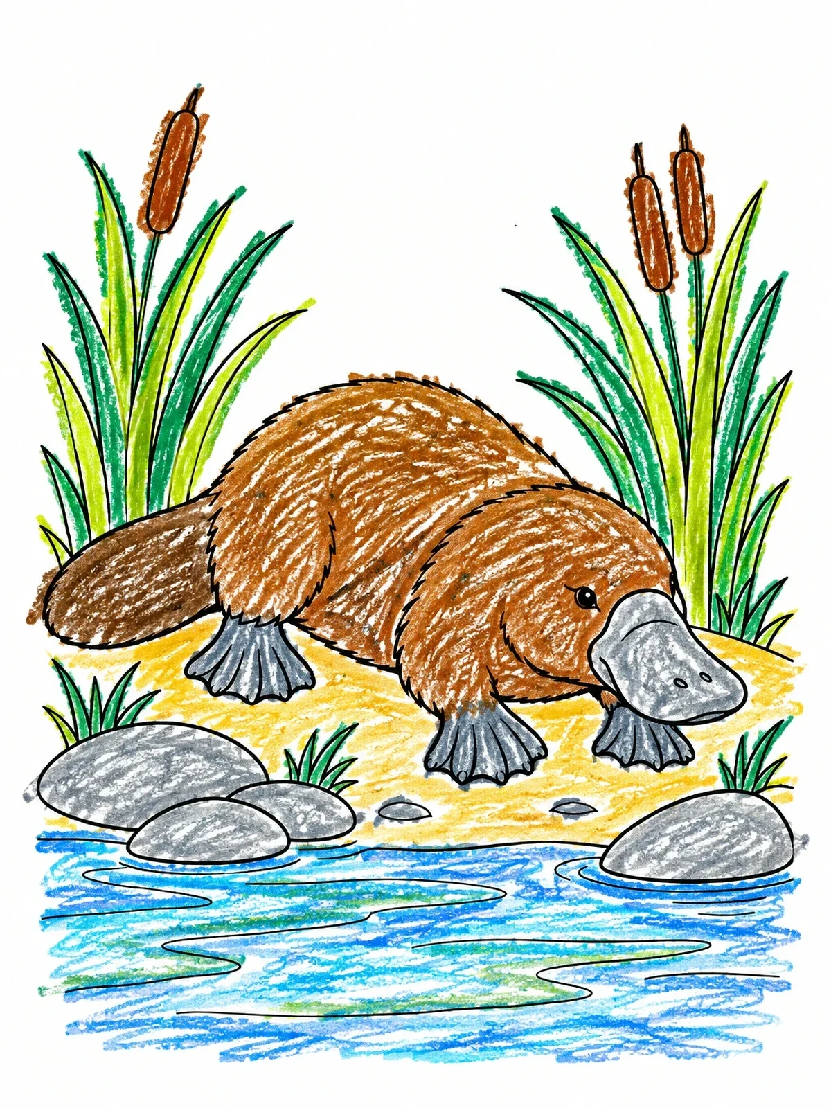Colored example of the Platypus Resting By The Riverbank coloring page