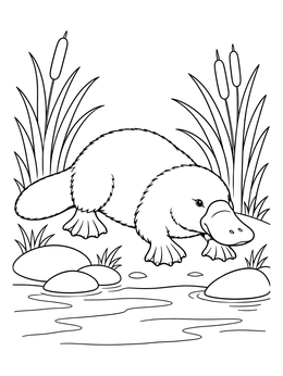 A cute platypus coloring page showing the animal resting near cattails and river stones.