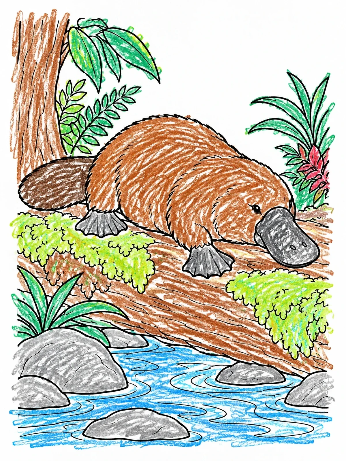 Colored example of the Platypus Resting On A Creek Log coloring page