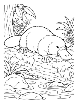 A realistic platypus coloring page resting on a mossy log by a gentle stream.