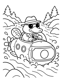 A cool spy drives a boat in this platypus coloring page through river rapids.