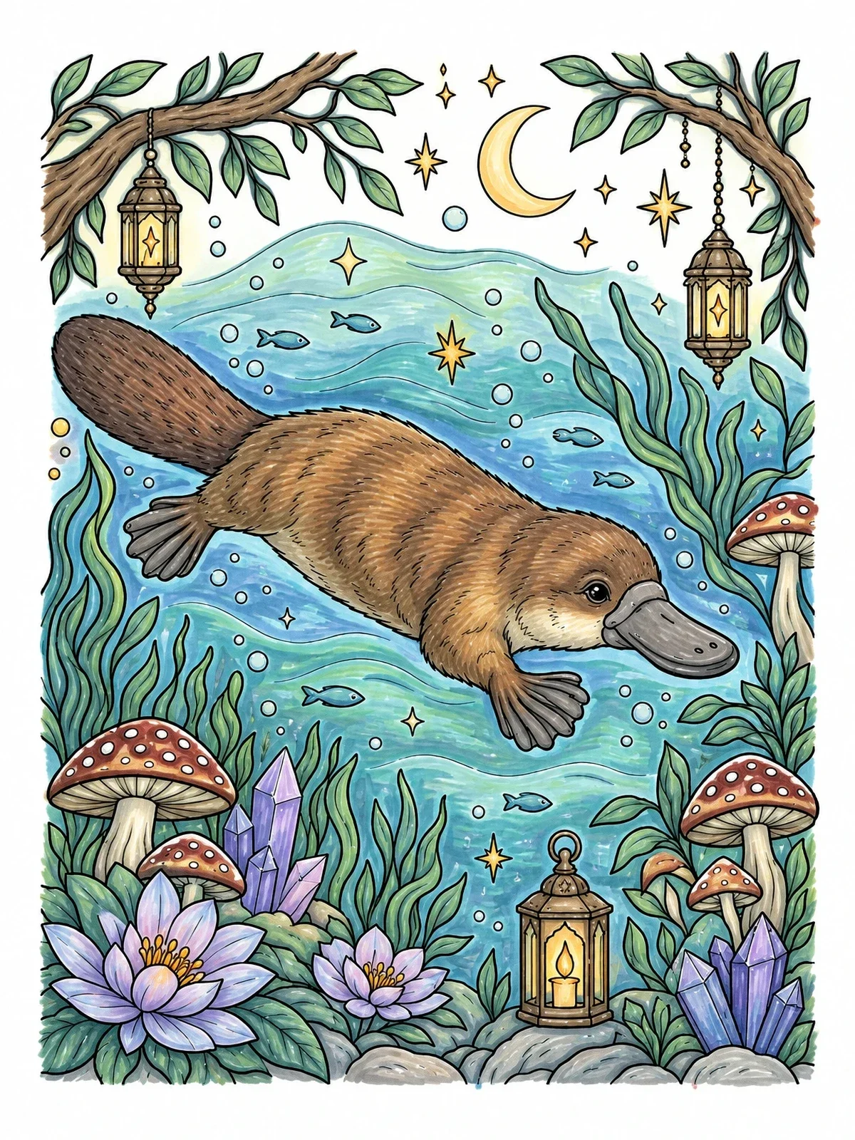 Colored example of the Platypus Swimming Under The Moon coloring page
