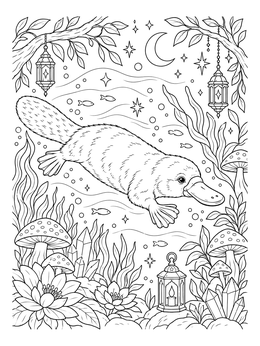 A detailed platypus coloring page showing an aquatic animal swimming among crystals and lanterns.