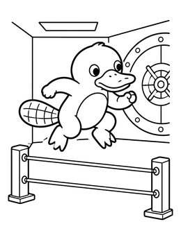 A cute spy platypus coloring page showing it jumping over security barriers near a vault.