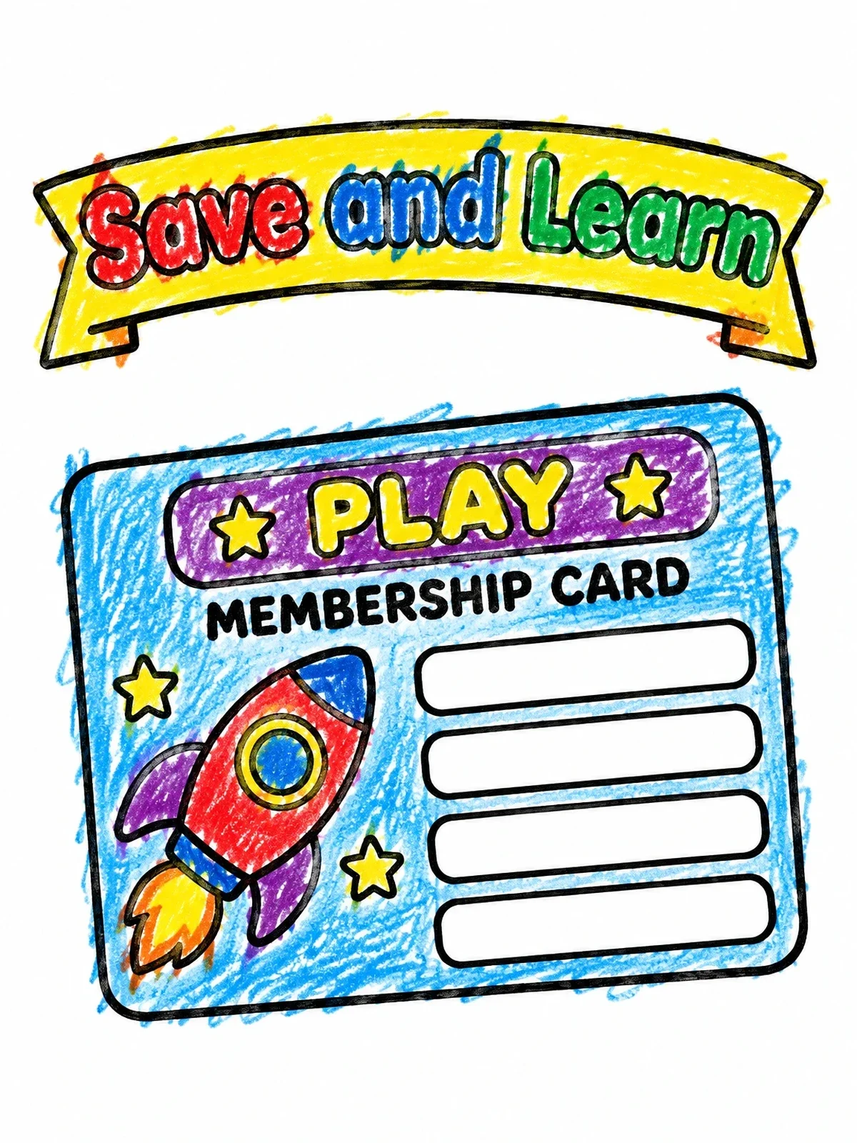 Colored example of the Play Membership Card With Rocket coloring page