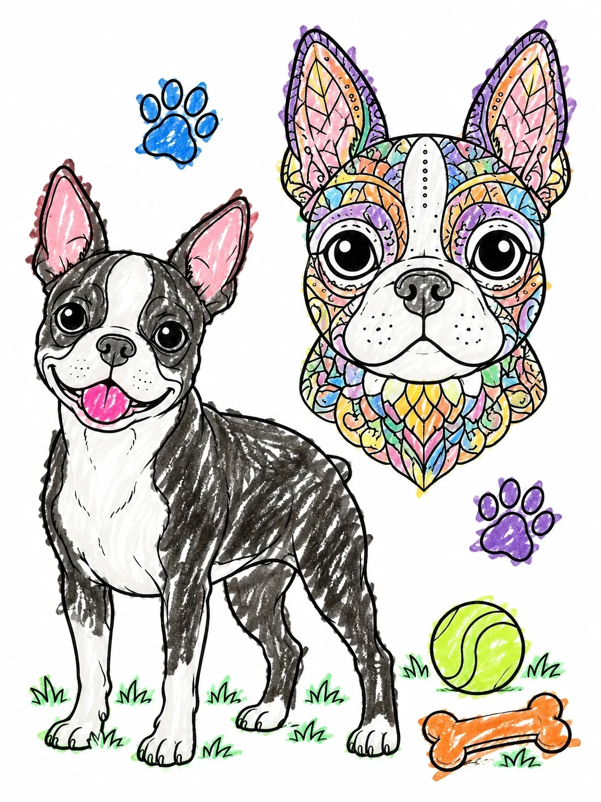 Colored example of the Playful And Patterned Boston Terriers coloring page
