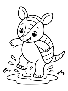 A cheerful armadillo coloring page showing the cute animal splashing happily in a shallow water puddle.
