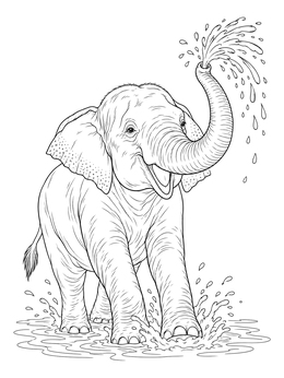 An Asian elephant playing in water, featured in this asian coloring page.