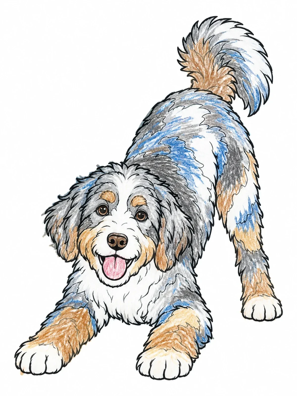 Colored example of the Playful Aussiedoodle In Bow Stance coloring page