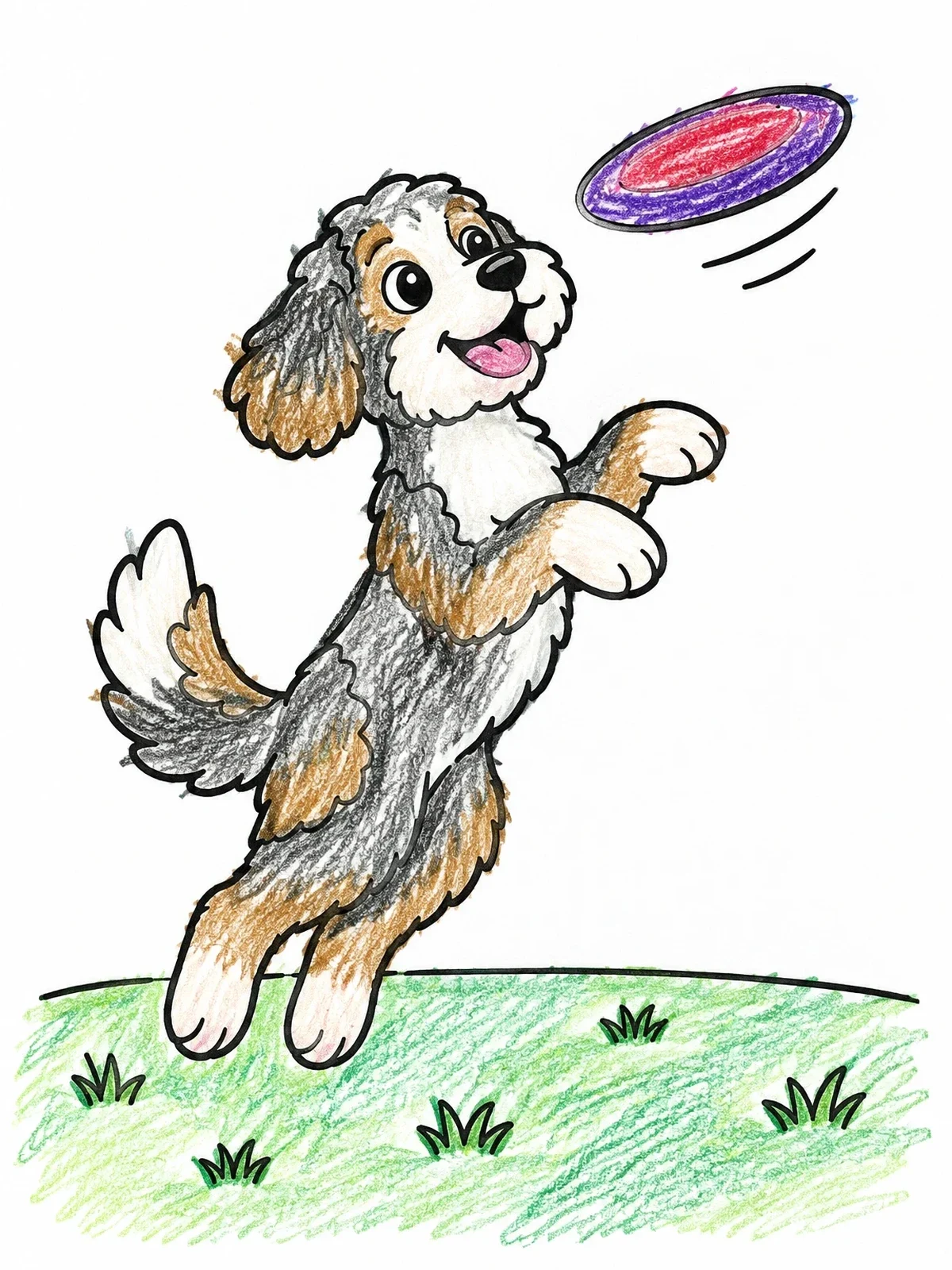 Colored example of the Playful Aussiedoodle Catching A Frisbee coloring page