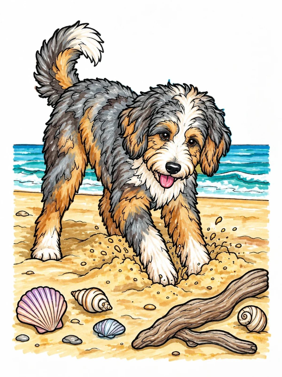 Colored example of the Playful Aussiedoodle Digging In The Sand coloring page