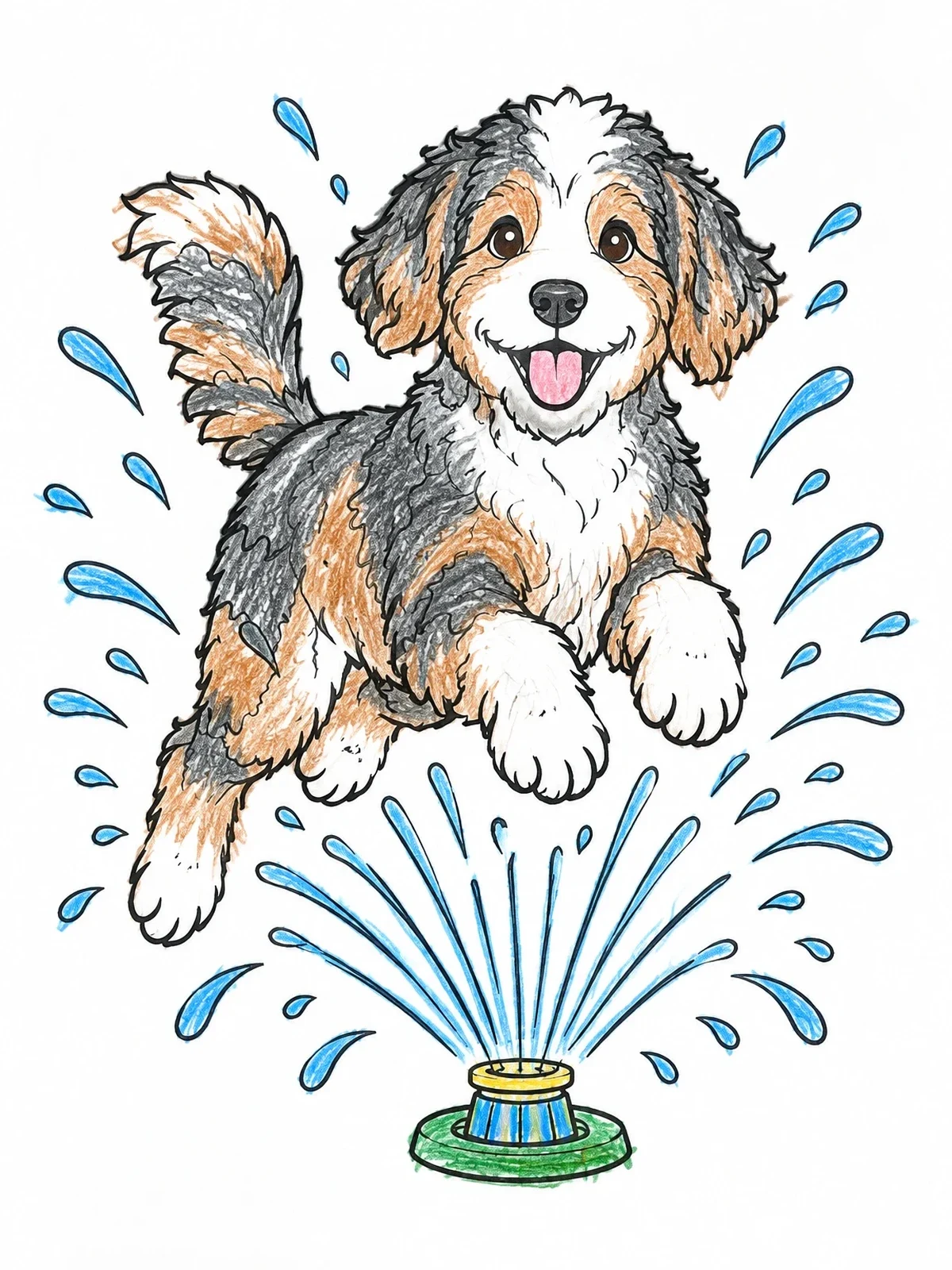 Colored example of the Playful Aussiedoodle Jumping Over Sprinkler coloring page