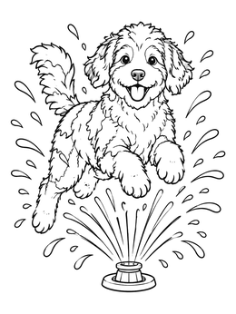 Free printable Playful Aussiedoodle Jumping Over Sprinkler coloring page
