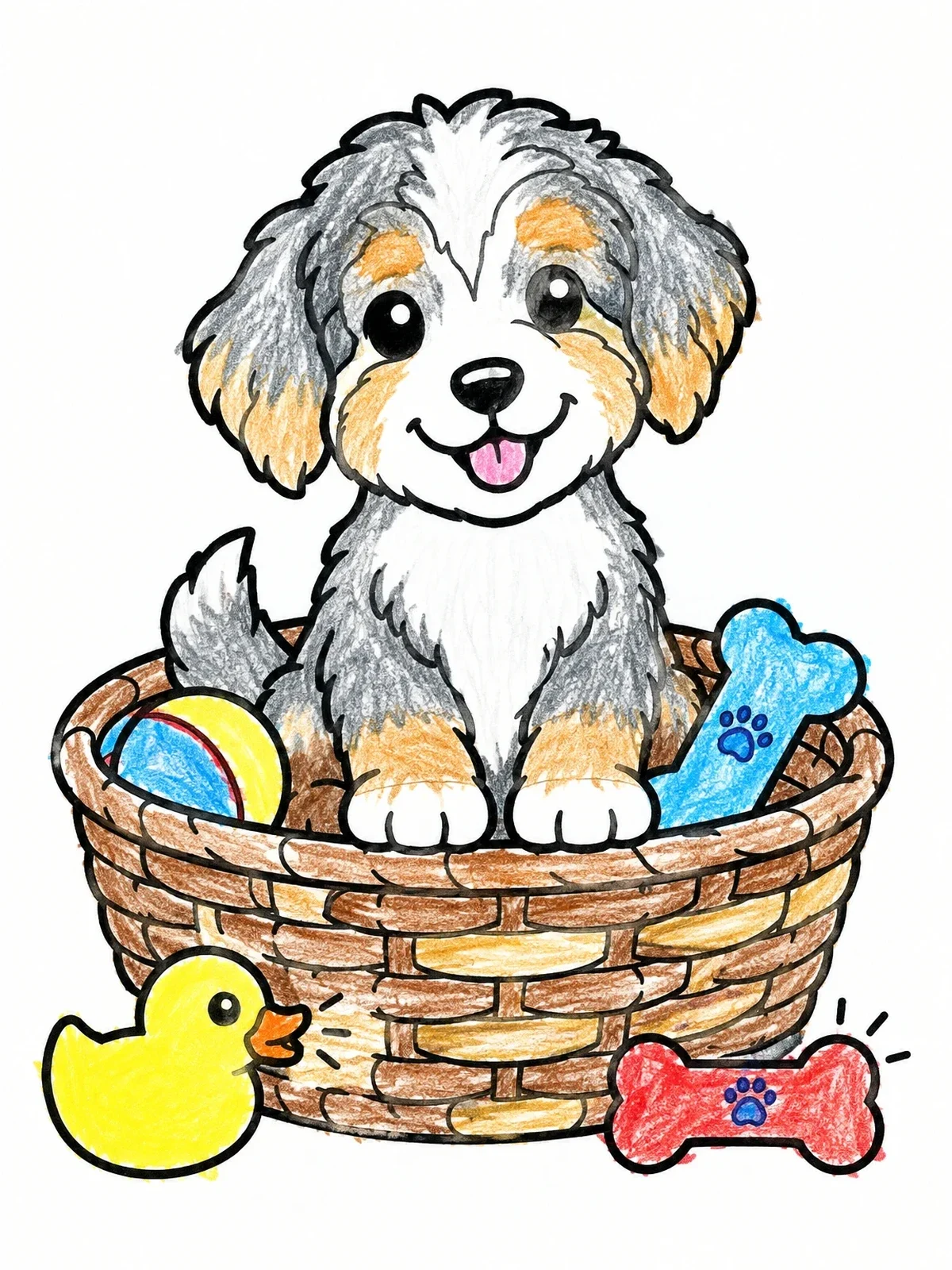 Colored example of the Playful Aussiedoodle Puppy In A Basket coloring page
