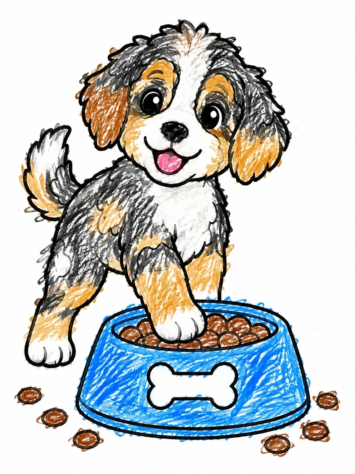 Colored example of the Playful Aussiedoodle Puppy And Food Bowl coloring page