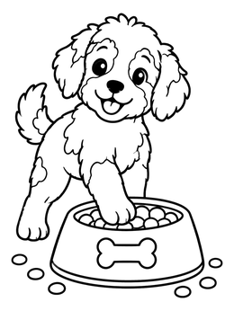 Free printable Playful Aussiedoodle Puppy And Food Bowl coloring page