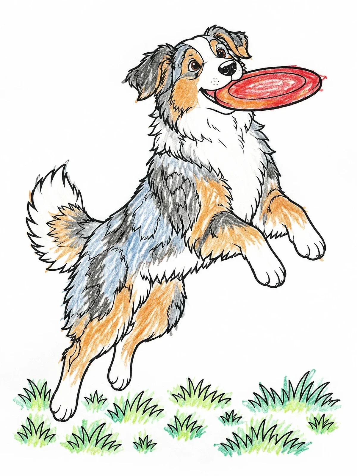 Colored example of the Playful Australian Shepherd Catching Frisbee coloring page