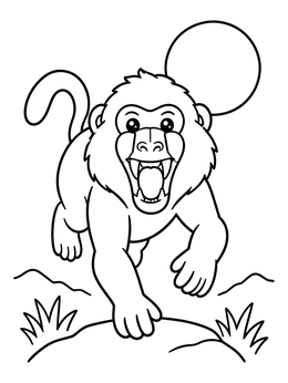 A friendly baboon coloring page showing the animal leaping forward with an open mouth.