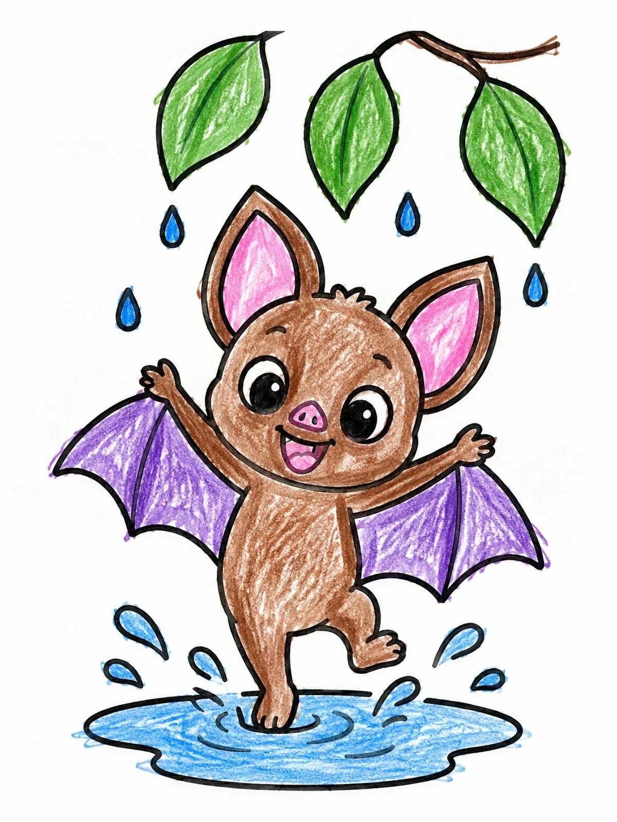 Colored example of the Playful Baby Bat In Rain Puddle coloring page