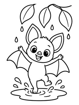 A cheerful baby bat coloring page showing it splashing happily in a rainwater puddle under leaves.