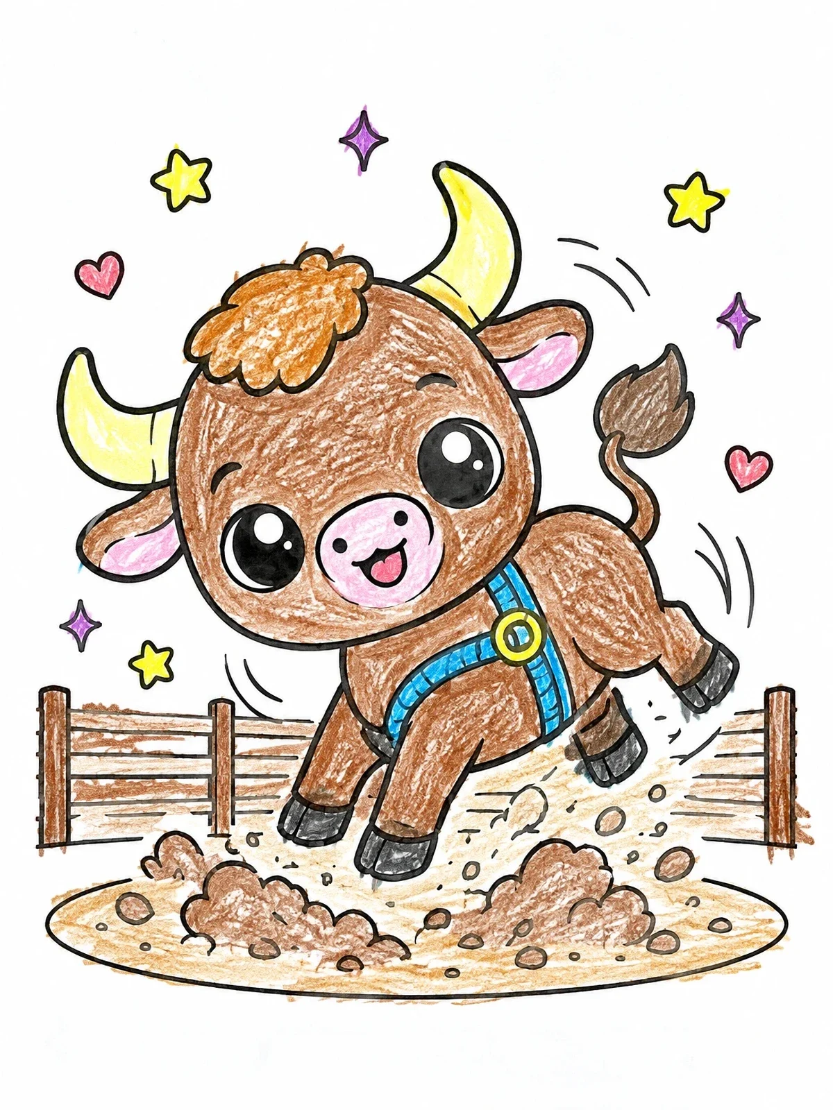 Colored example of the Playful Baby Bull Bucking In Pen coloring page