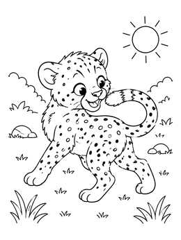 A playful baby cheetah coloring page with a smiling cub looking back at its tail.