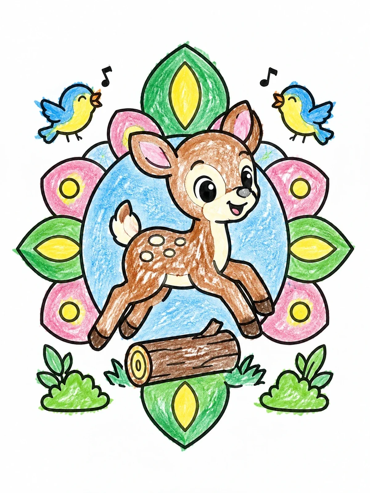 Colored example of the Playful Baby Deer Leaping Over Log coloring page