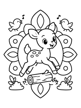 A cute deer coloring page showing a fawn leaping over a log with singing birds.