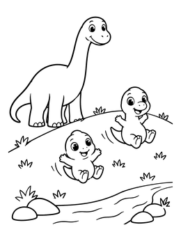 A sweet dinosaur coloring page with two baby dinosaurs sliding down a grassy hill near a mother brachiosaurus.
