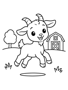 Free printable Playful Baby Goat Jumping By Barn coloring page