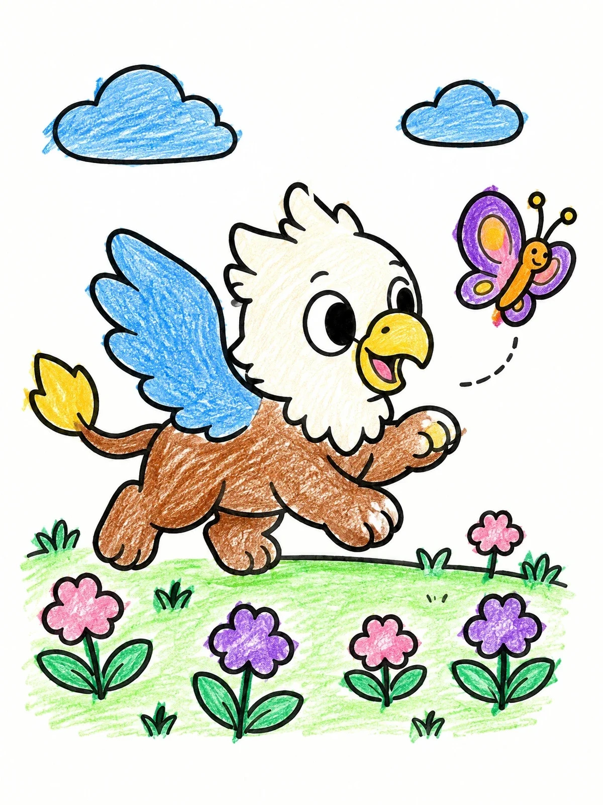 Colored example of the Playful Baby Griffin Chasing Butterfly coloring page