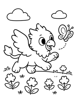 Free printable Playful Baby Griffin Chasing Butterfly coloring page
