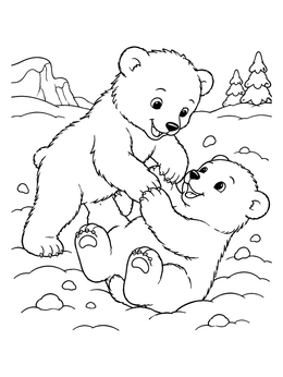 Two cute cubs wrestle on this playful polar bear coloring page.