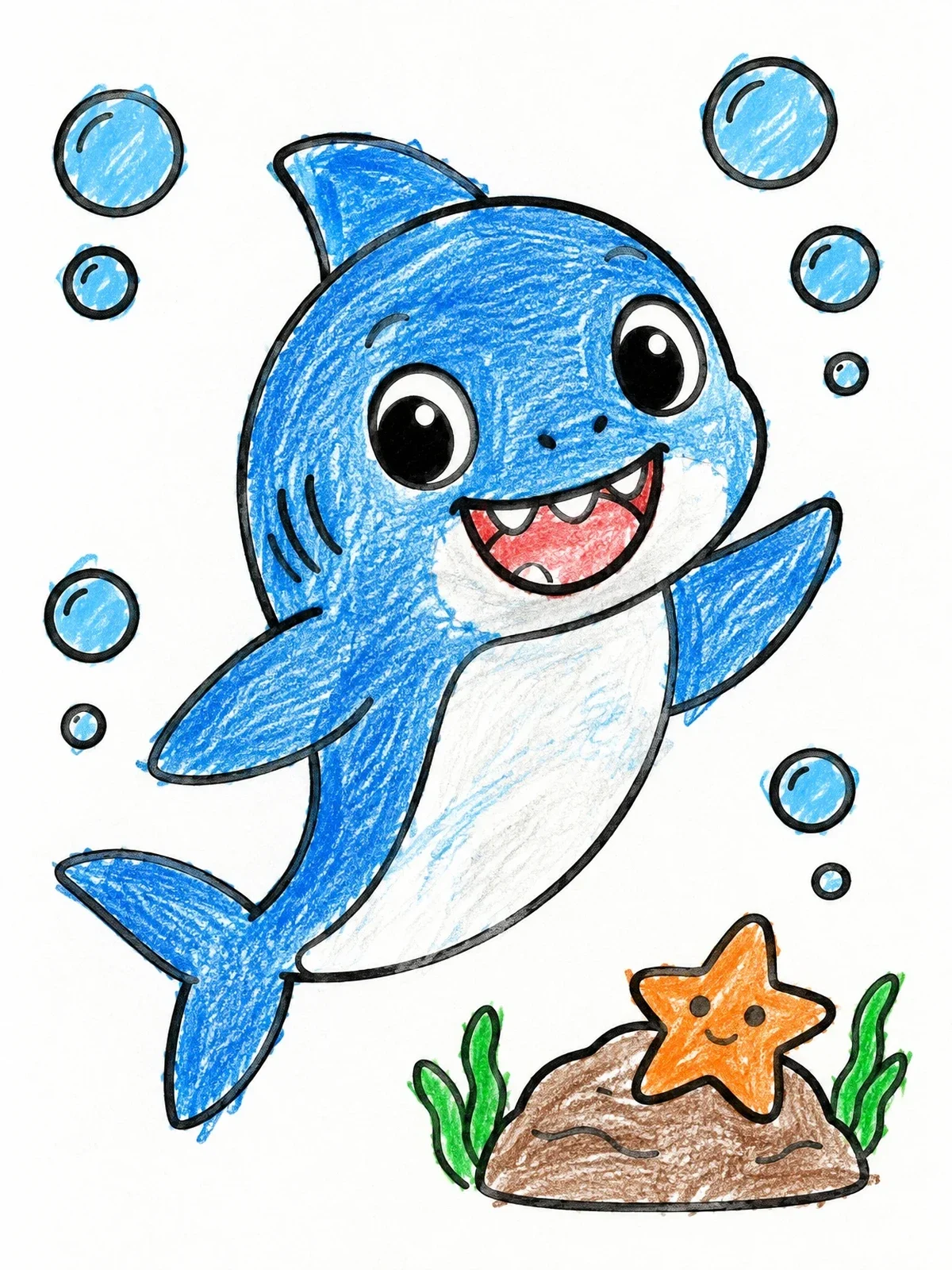 Colored example of the Playful Baby Shark With Starfish coloring page