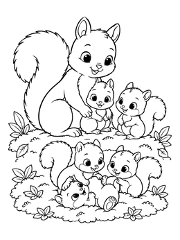 A sweet mother squirrel watches over her playful kits in this squirrel coloring page.