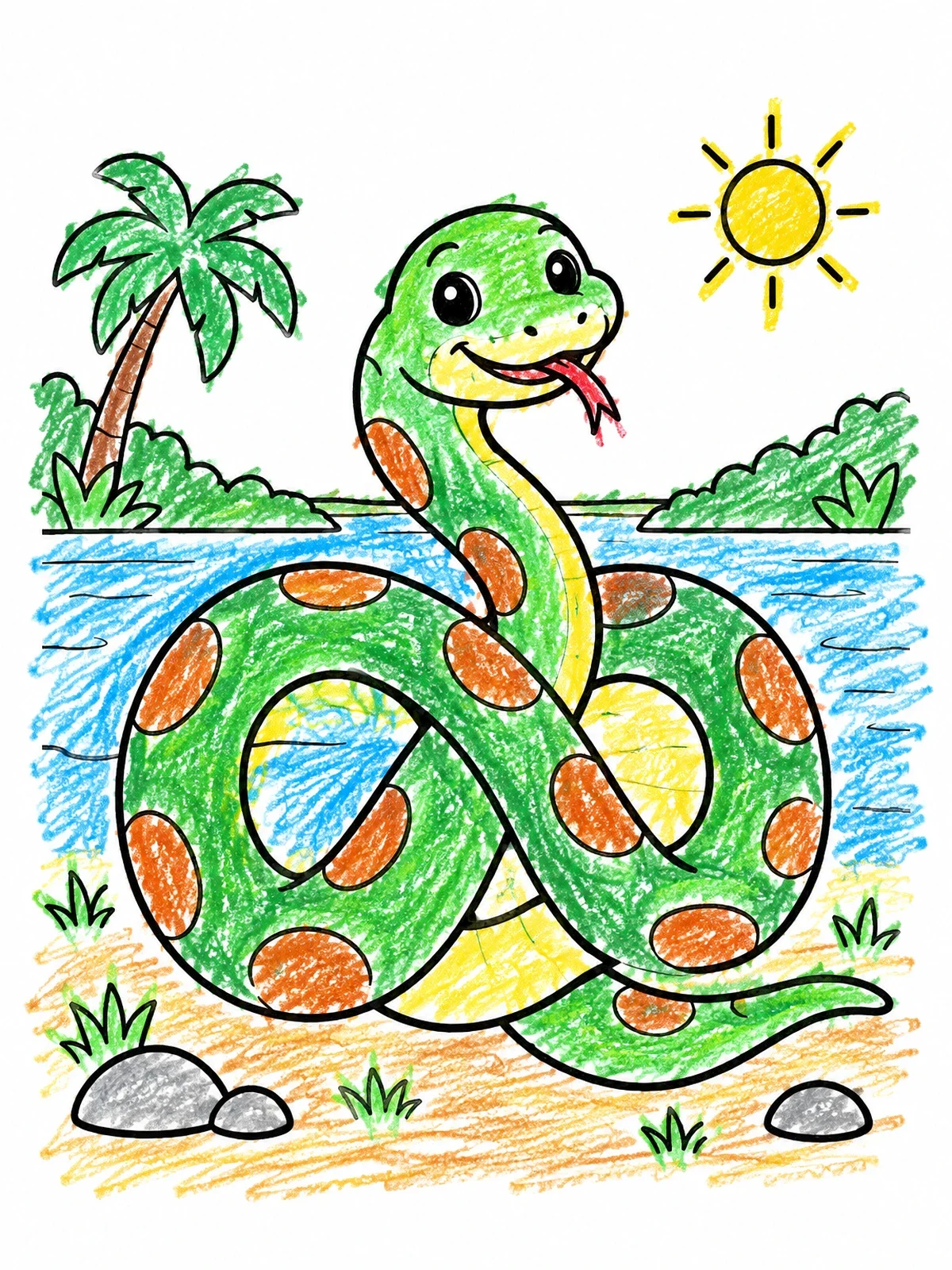 Colored example of the Playful Baby Titanoboa By The River coloring page