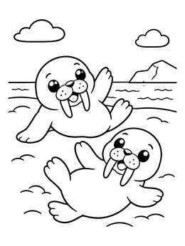 Two happy baby walruses play on the shore in this walrus coloring page.