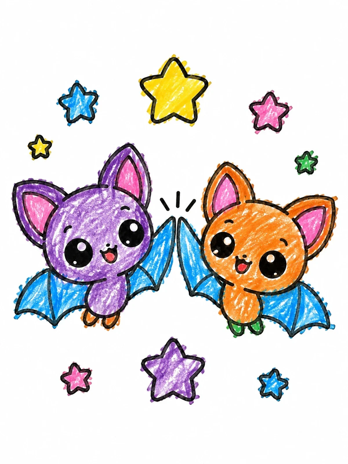 Colored example of the Playful Bats High Fiving coloring page