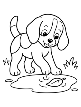 A cute beagle puppy touching a leaf in a puddle on this beagle coloring page.