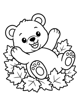 Happy bear coloring page showing a cute cub rolling playfully in a pile of autumn leaves.
